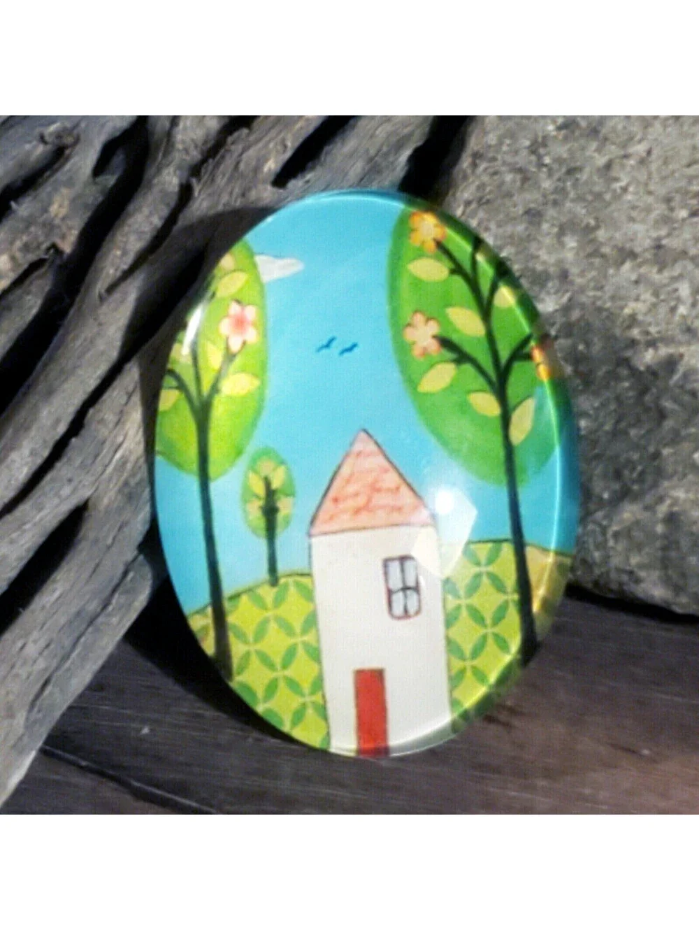 Handmade Trees and House 40x30mm Oval Tempered Glass Cabochon 6939-E